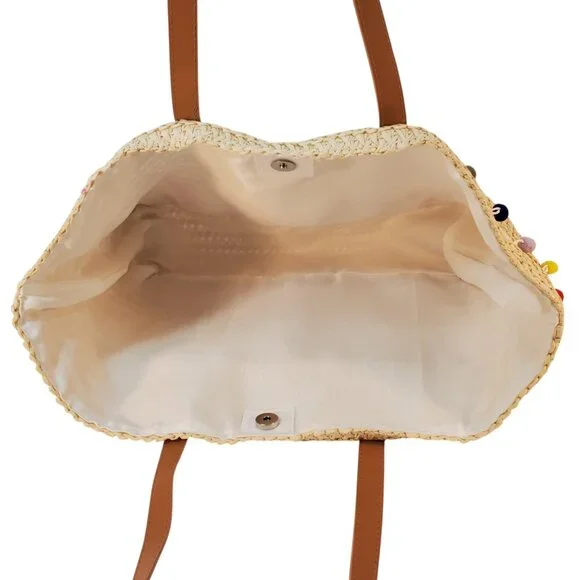 Perfectly Posh Large Straw Tote Beach Bag w/ Pom Poms. Plus a Beach Towel. - Picture 3 of 6